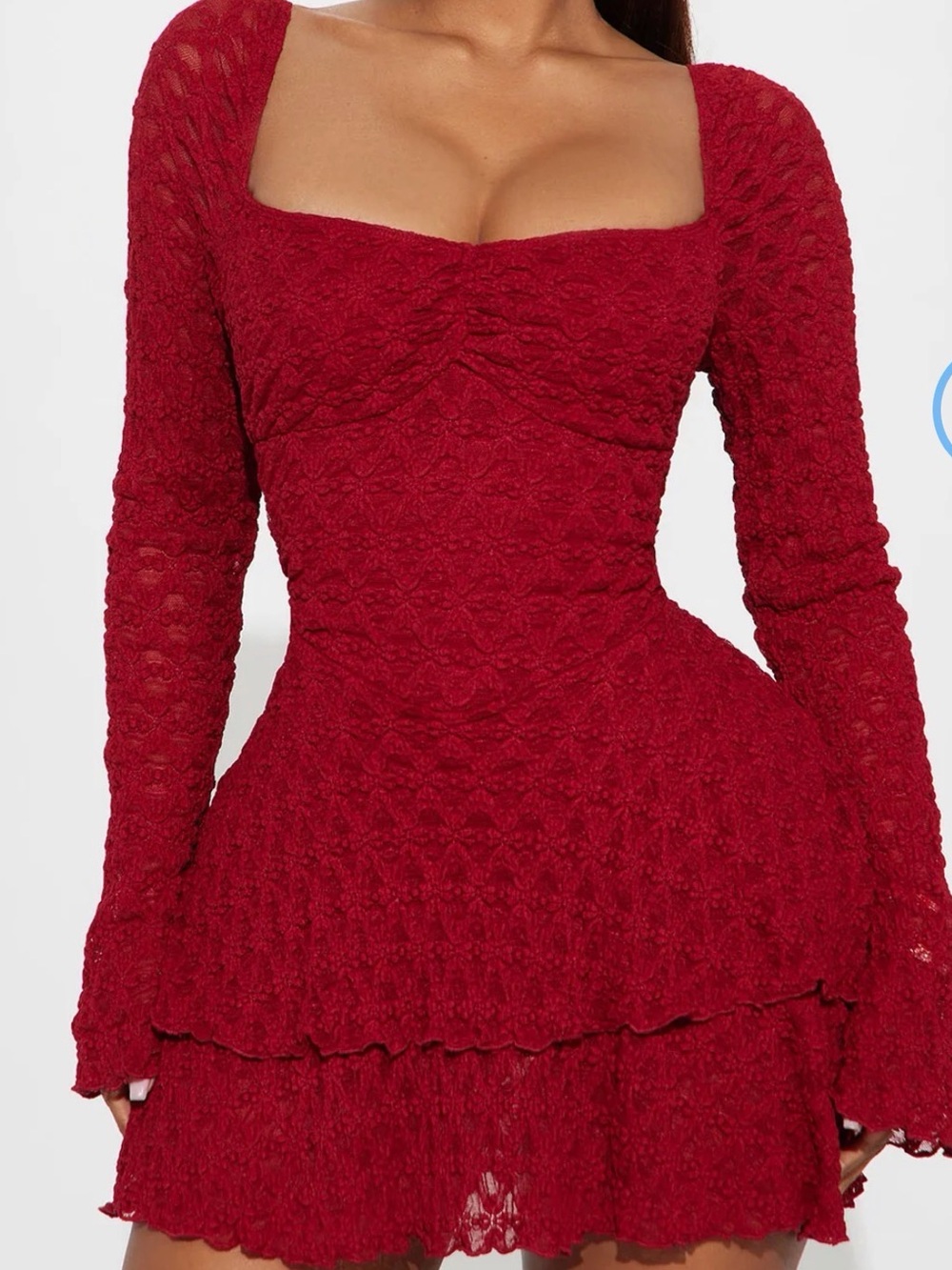 Fashion Nova Red Lace Long-Sleeve Tiered Dress  (romper/skort dress)